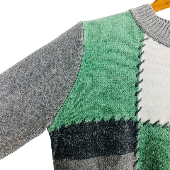 Alfred Dunner Vtg Patchwork Sweater Petite Large Acrylic Chenille Green Gray - Picture 5 of 10